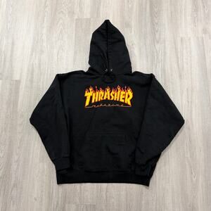 Vintage Thrasher Hoodie Men's Medium Black Sweatshirt Spellout Skater Flames y2k